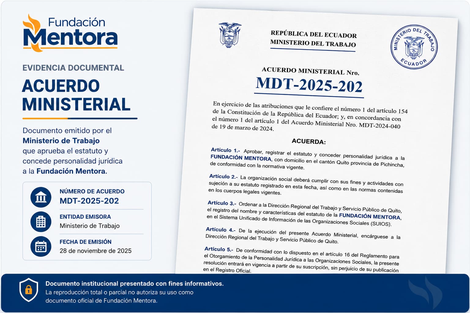 Acuerdo Ministerial MDT-2025-202 Documento institucional de Fundación Mentora presentado con fines informativos como evidencia de constitución, registro y cumplimiento de la normativa vigente en el Ecuador.