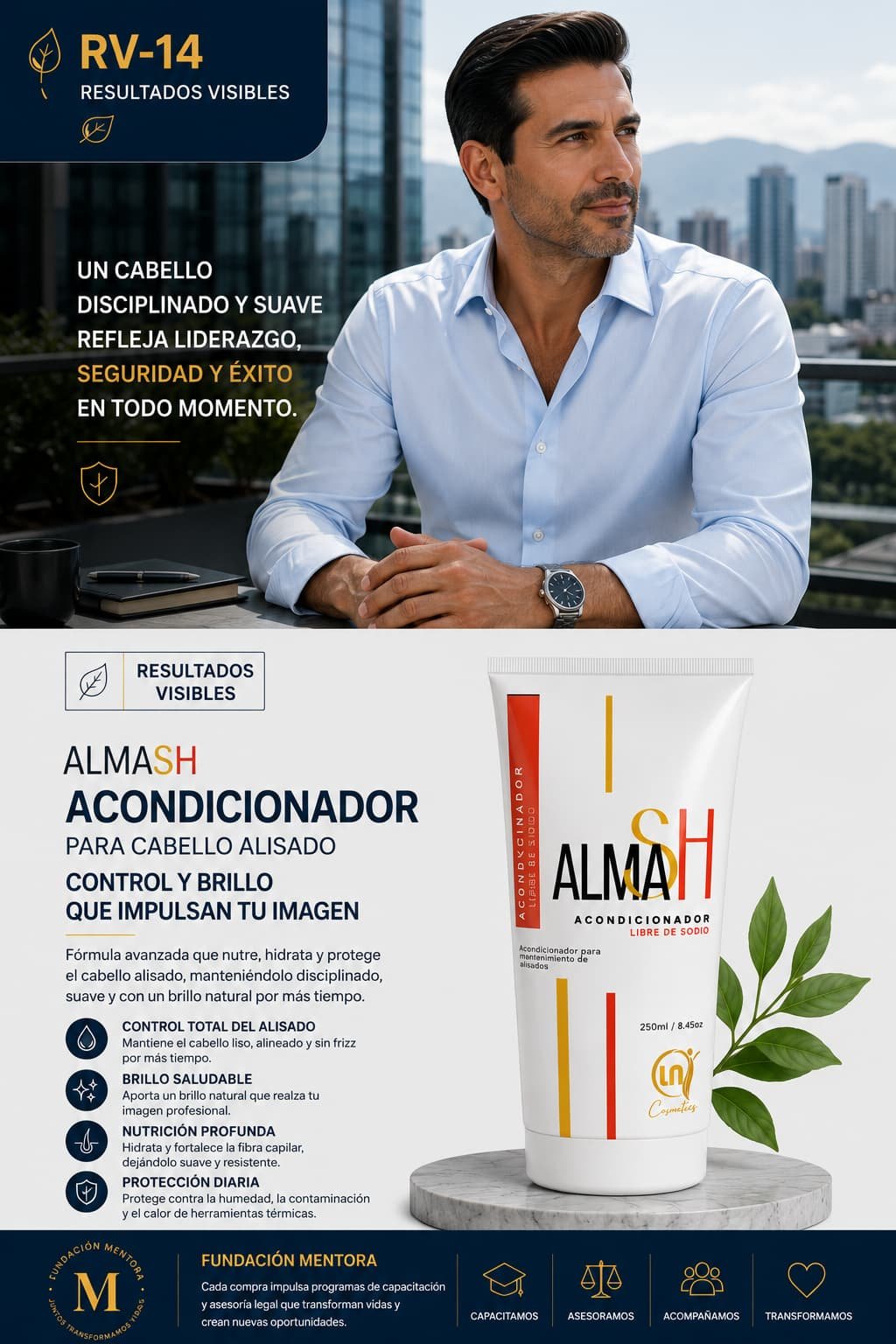 Ejecutivo latinoamericano con cabello corto, suave y disciplinado utilizando ALMASH Acondicionador libre de sodio.