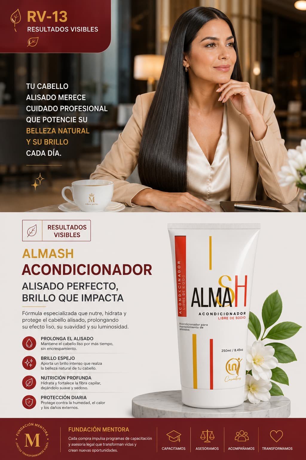 Mujer latinoamericana con alisado profesional y cabello efecto espejo utilizando ALMASH Acondicionador libre de sodio.