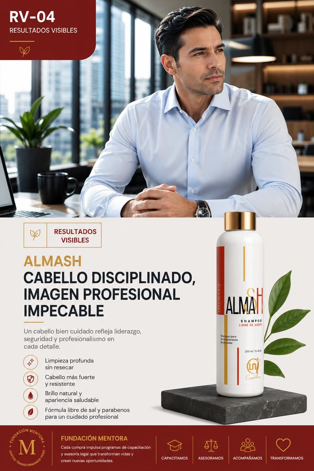 Ejecutivo latinoamericano con cabello corto, limpio y disciplinado utilizando ALMASH Shampoo libre de sodio.