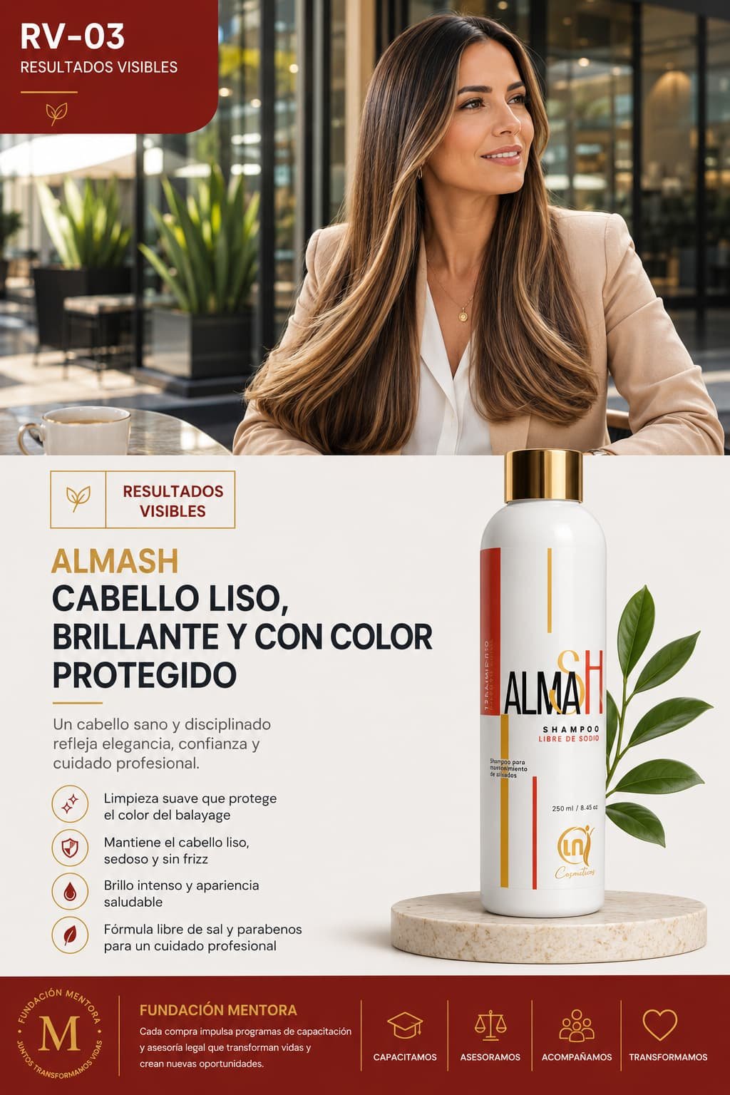 Mujer latinoamericana con cabello liso, brillante y libre de frizz utilizando ALMASH Shampoo libre de sodio.