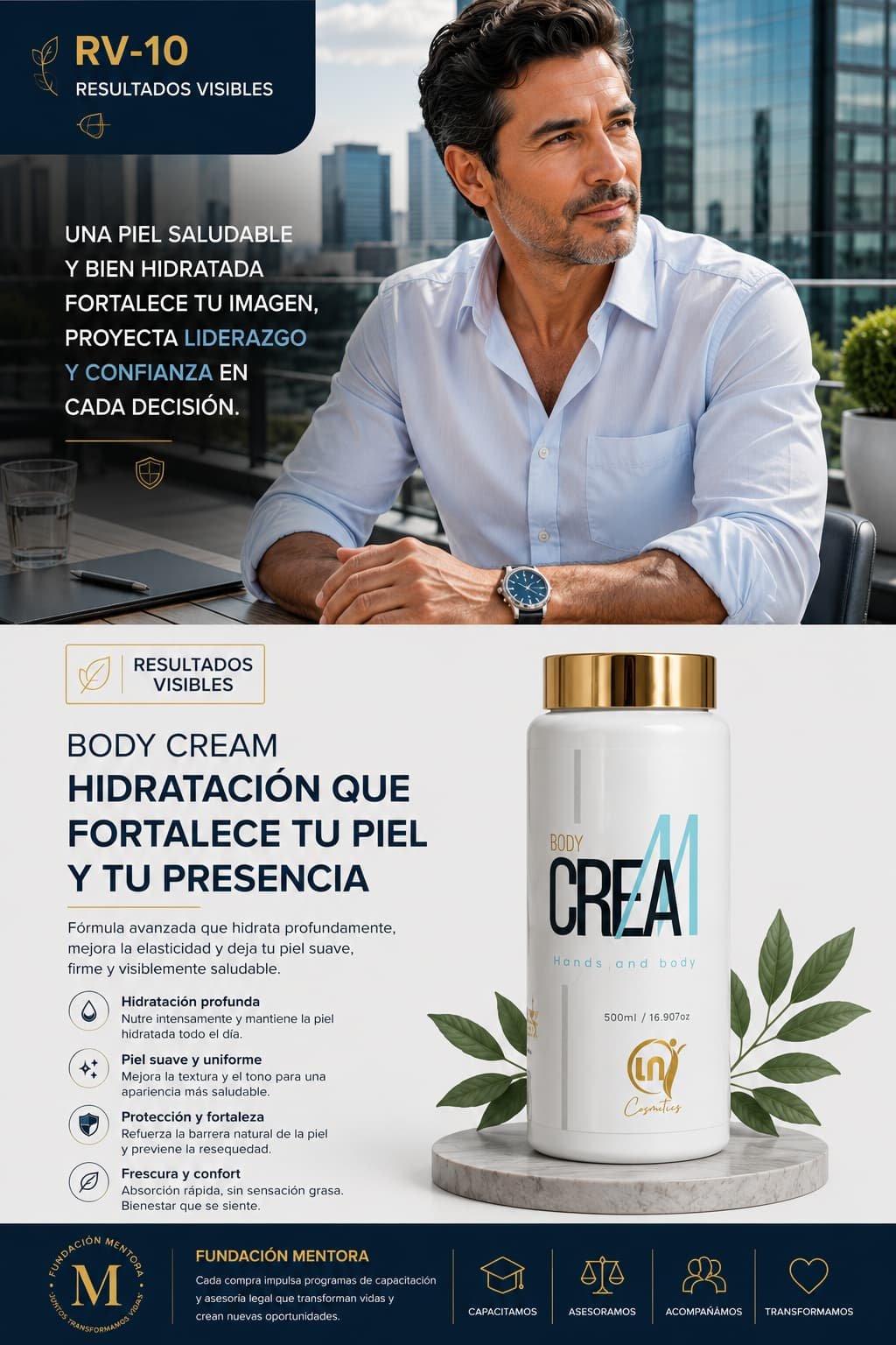 jecutivo latinoamericano con piel hidratada y saludable acompañado de la crema corporal BODY CREAM.