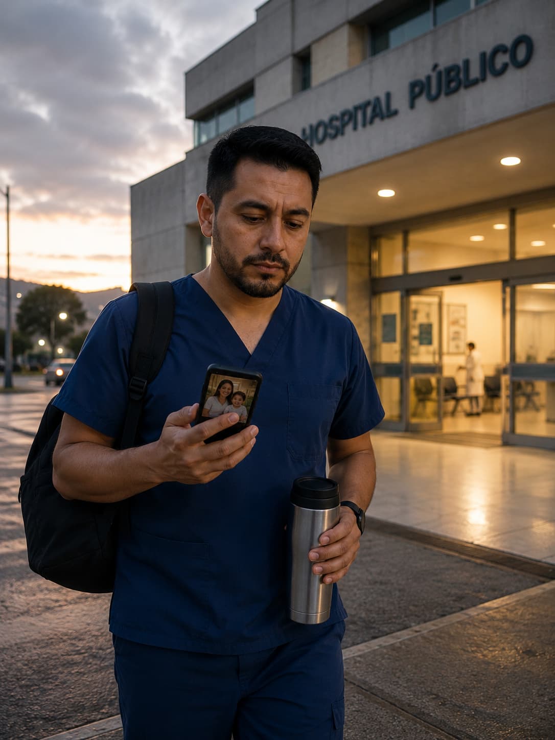 Carlos Manuel Pilca finaliza un turno nocturno como enfermero mientras observa una fotografía de su esposa y su hija antes de regresar a casa.