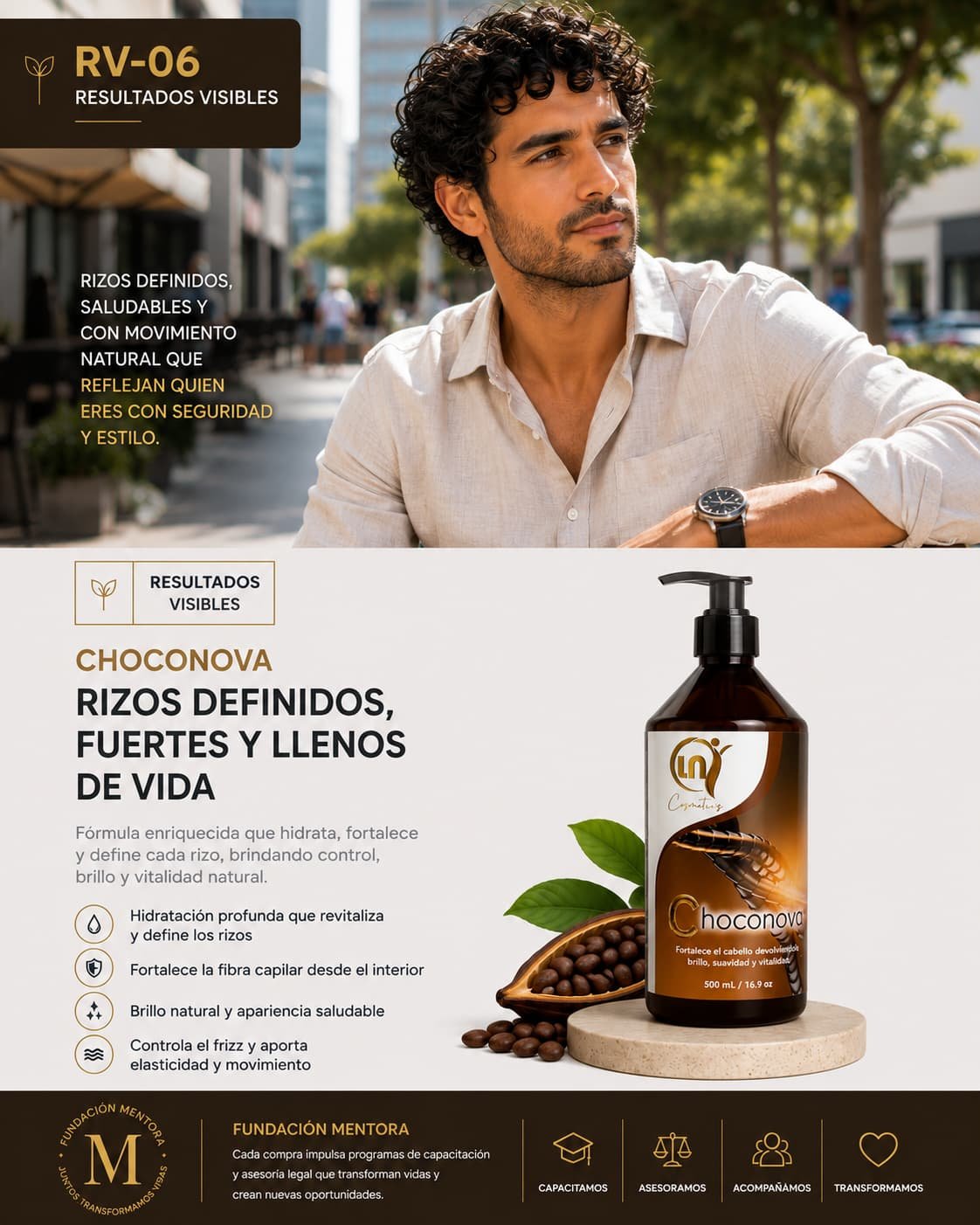 Hombre latinoamericano con cabello corto, brillante y saludable acompañado de CHOCONOVA.