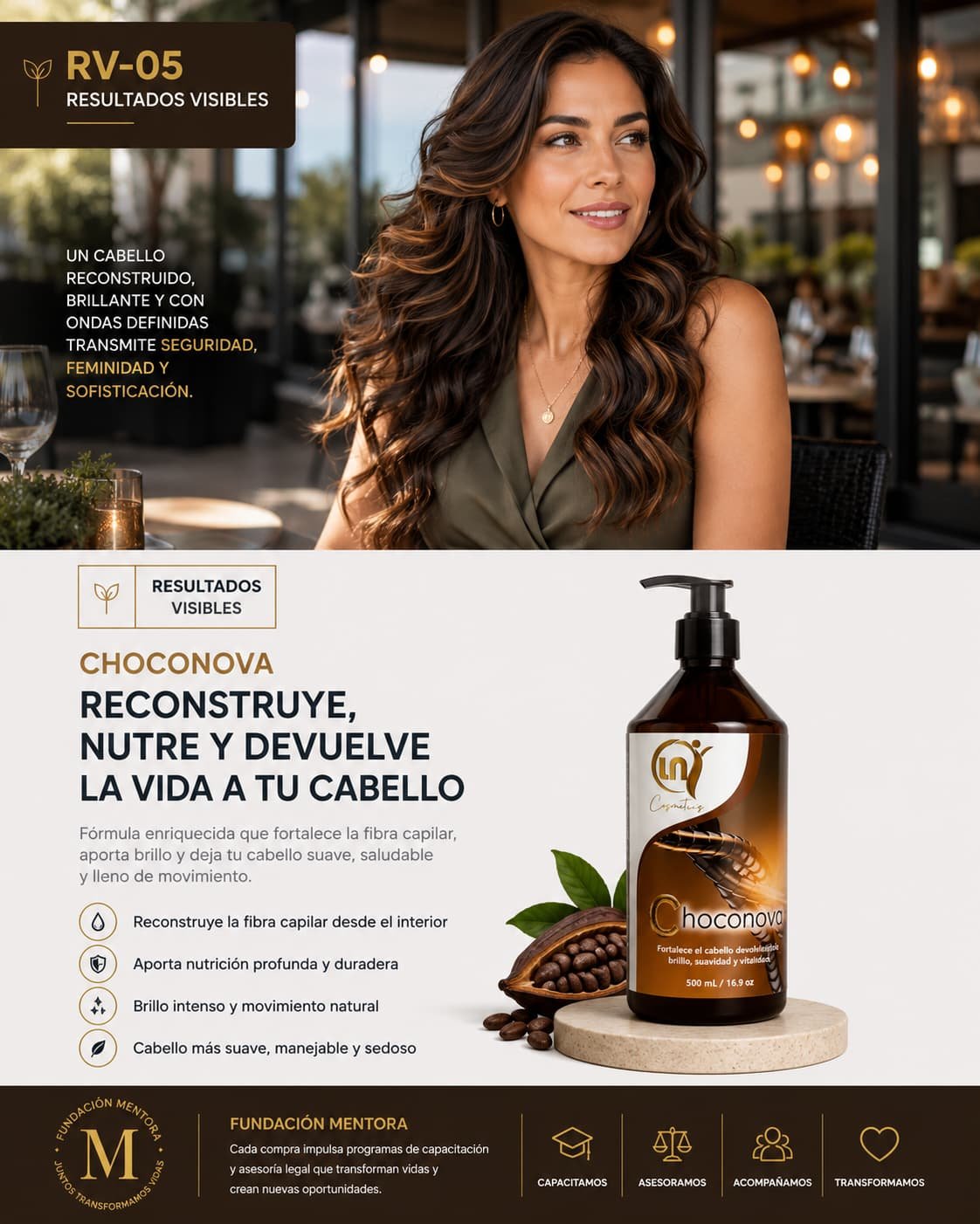 Mujer latinoamericana con cabello largo, brillante y sedoso mostrando los beneficios de CHOCONOVA.