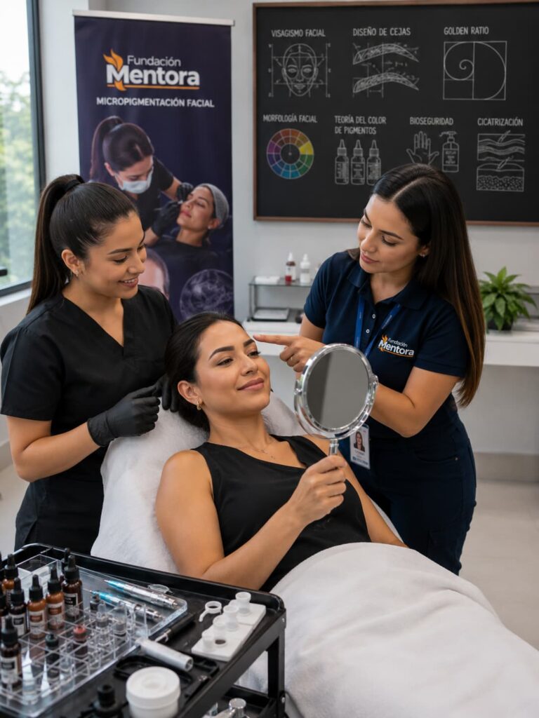 Imagen institucional del programa Micropigmentación Facial de Fundación Mentora. Una estudiante presenta el resultado final de una micropigmentación profesional de cejas mientras una instructora especializada realiza una retroalimentación positiva durante una práctica académica supervisada. La fotografía representa el momento en que el conocimiento adquirido se convierte en una competencia profesional, fortaleciendo habilidades en diseño facial, visagismo, teoría del color, bioseguridad y manejo del dermógrafo. La escena transmite confianza, excelencia académica y preparación para desempeñarse profesionalmente en el área de la micropigmentación facial. Estudiante del curso de Micropigmentación Facial mostrando el resultado final de un diseño profesional de cejas bajo la supervisión de una instructora de Fundación Mentora en un aula especializada.