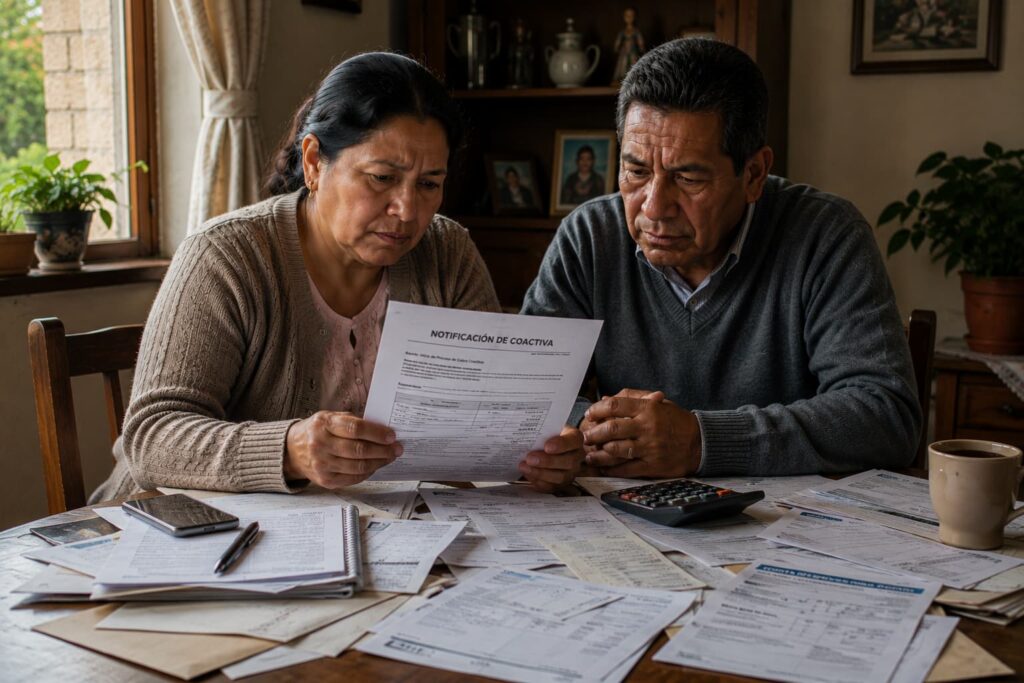 Pareja ecuatoriana revisa una notificación relacionada con un proceso de coactiva dentro de su hogar.