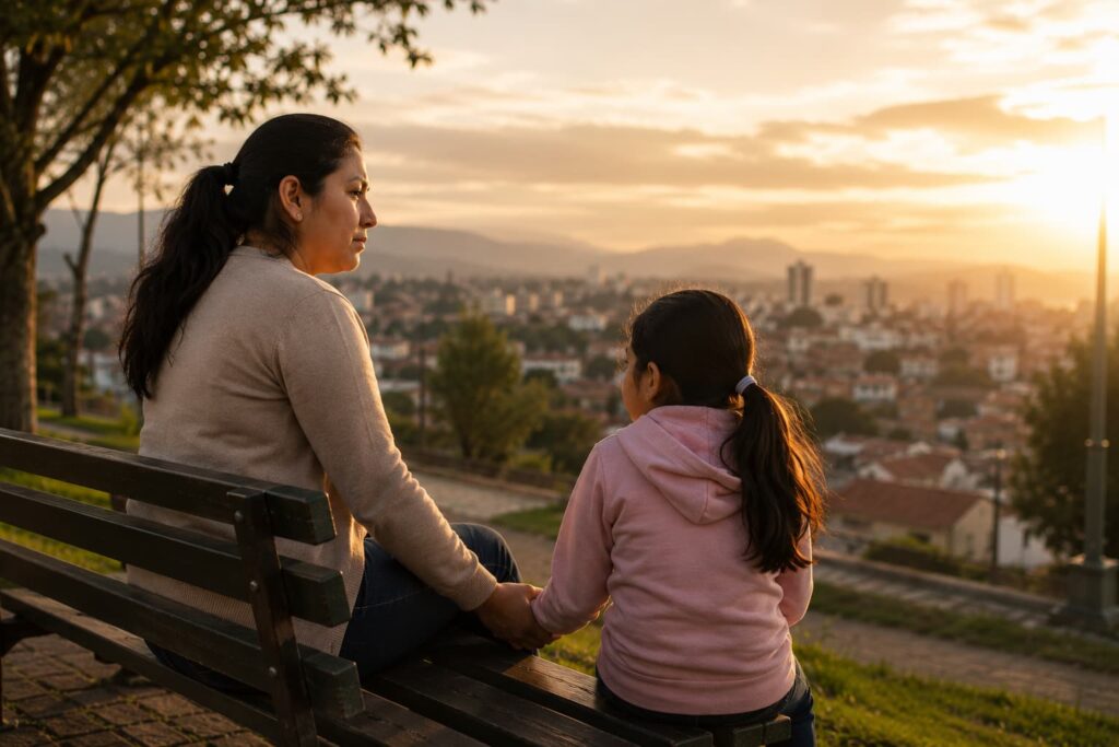 Madre ecuatoriana junto a su hija después de enfrentar una situación de violencia y vulnerabilidad.