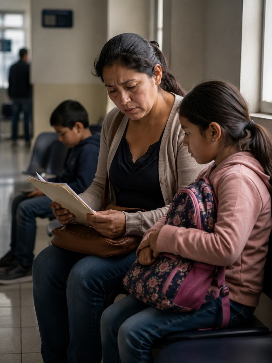 Madre ecuatoriana espera con sus hijos en una sala de atención mientras sostiene documentos relacionados con una pensión de alimentos. La imagen representa la incertidumbre que viven muchas familias al intentar proteger los derechos y el bienestar de sus hijos.