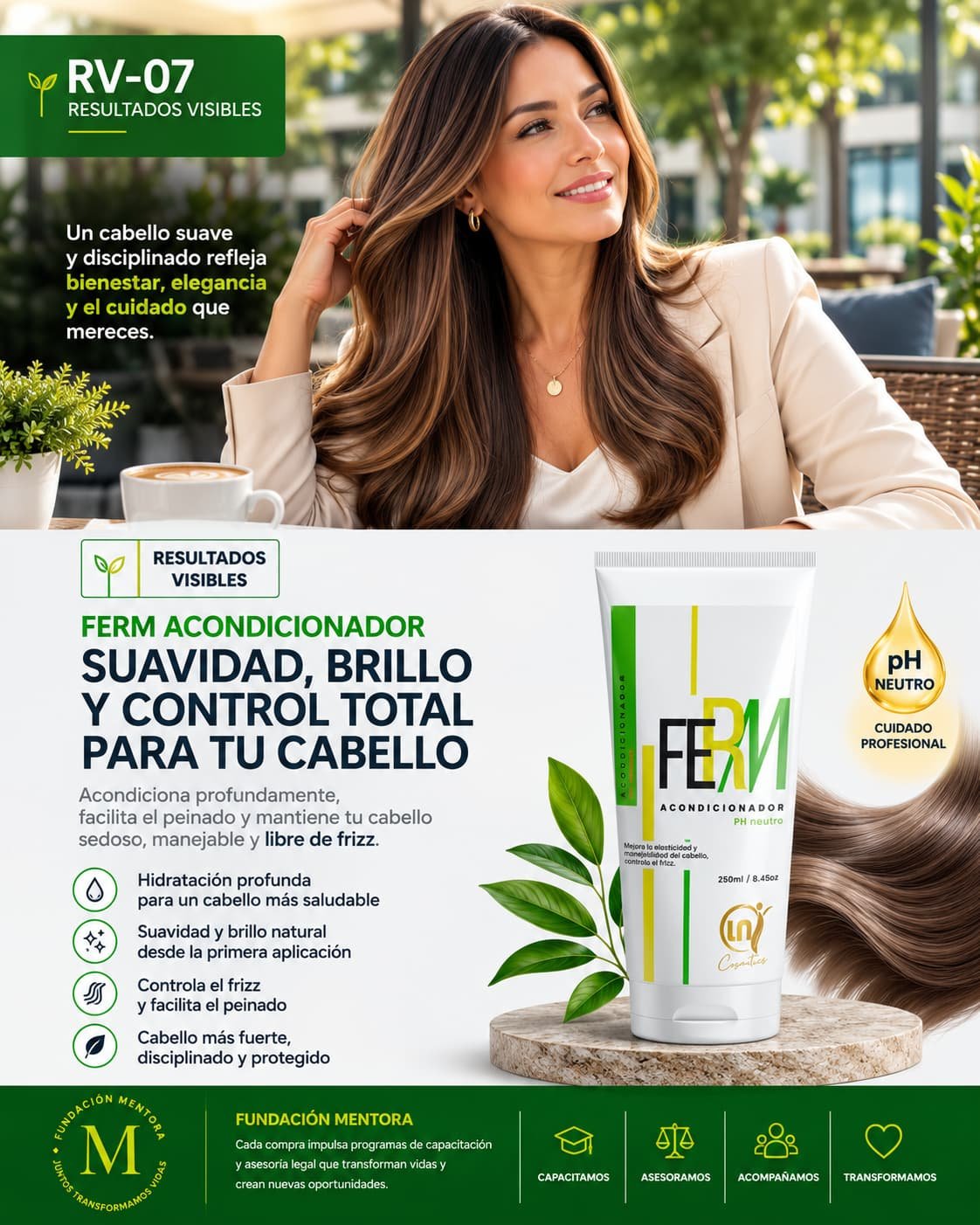 Mujer latinoamericana con cabello largo, sedoso, brillante y libre de frizz mostrando los resultados del acondicionador FERM en un entorno elegante.