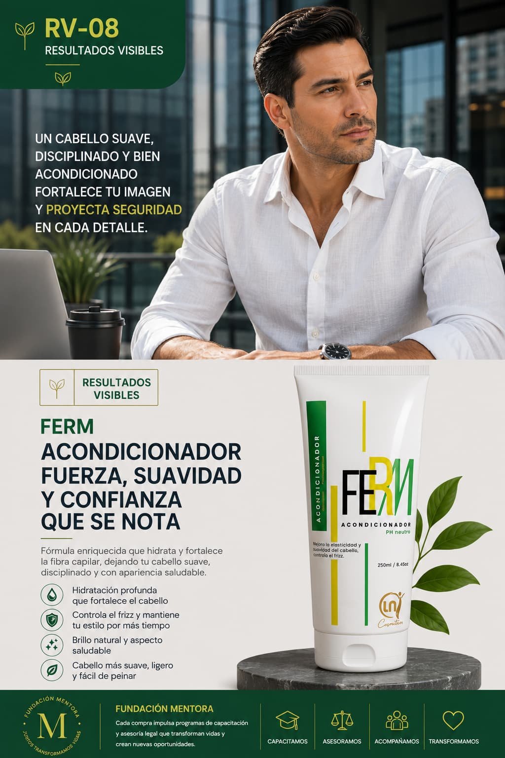 Ejecutivo latinoamericano con cabello corto, suave y perfectamente acondicionado utilizando FERM Acondicionador.