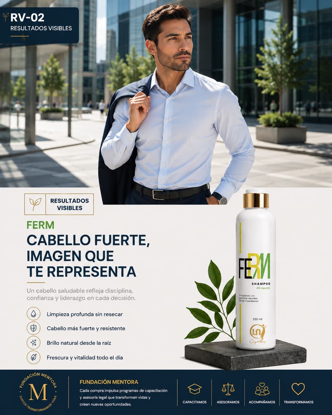 Hombre latinoamericano con cabello corto, limpio y brillante utilizando FERM Shampoo.