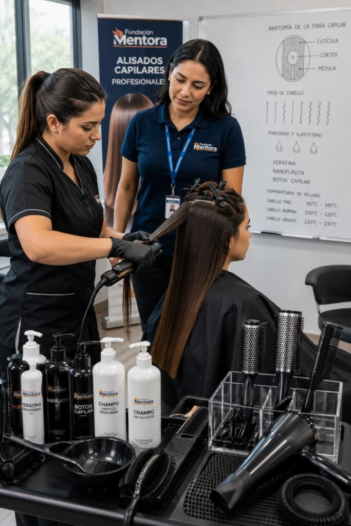 Imagen institucional del curso Diseño de Mirada de Fundación Mentora. Una estudiante realiza un procedimiento profesional de extensiones de pestañas sobre una modelo mientras recibe acompañamiento personalizado de una instructora. La fotografía representa la metodología de aprendizaje práctico, el desarrollo de habilidades técnicas y el compromiso institucional con una formación de calidad orientada al trabajo y al crecimiento profesional. Estudiante del programa Alisados Capilares Profesionales realizando el sellado de un tratamiento de keratina bajo la supervisión de una instructora de Fundación Mentora en un aula especializada.