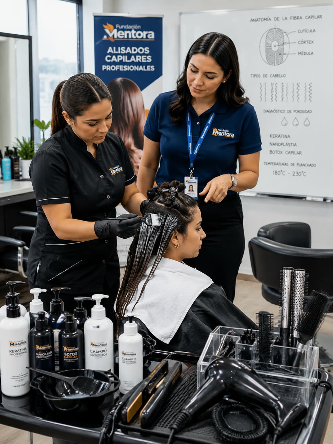 Instructor de Fundación Mentora enseñando a dos estudiantes la elaboración de productos de Cosmética Artesanal y Formulación Profesional en un laboratorio educativo, utilizando ingredientes naturales, cacao fino de aroma ecuatoriano y técnicas de formulación cosmética. Estudiante del programa Alisados Capilares Profesionales aplicando un tratamiento de keratina bajo la supervisión de una instructora de Fundación Mentora en un aula-taller especializada.