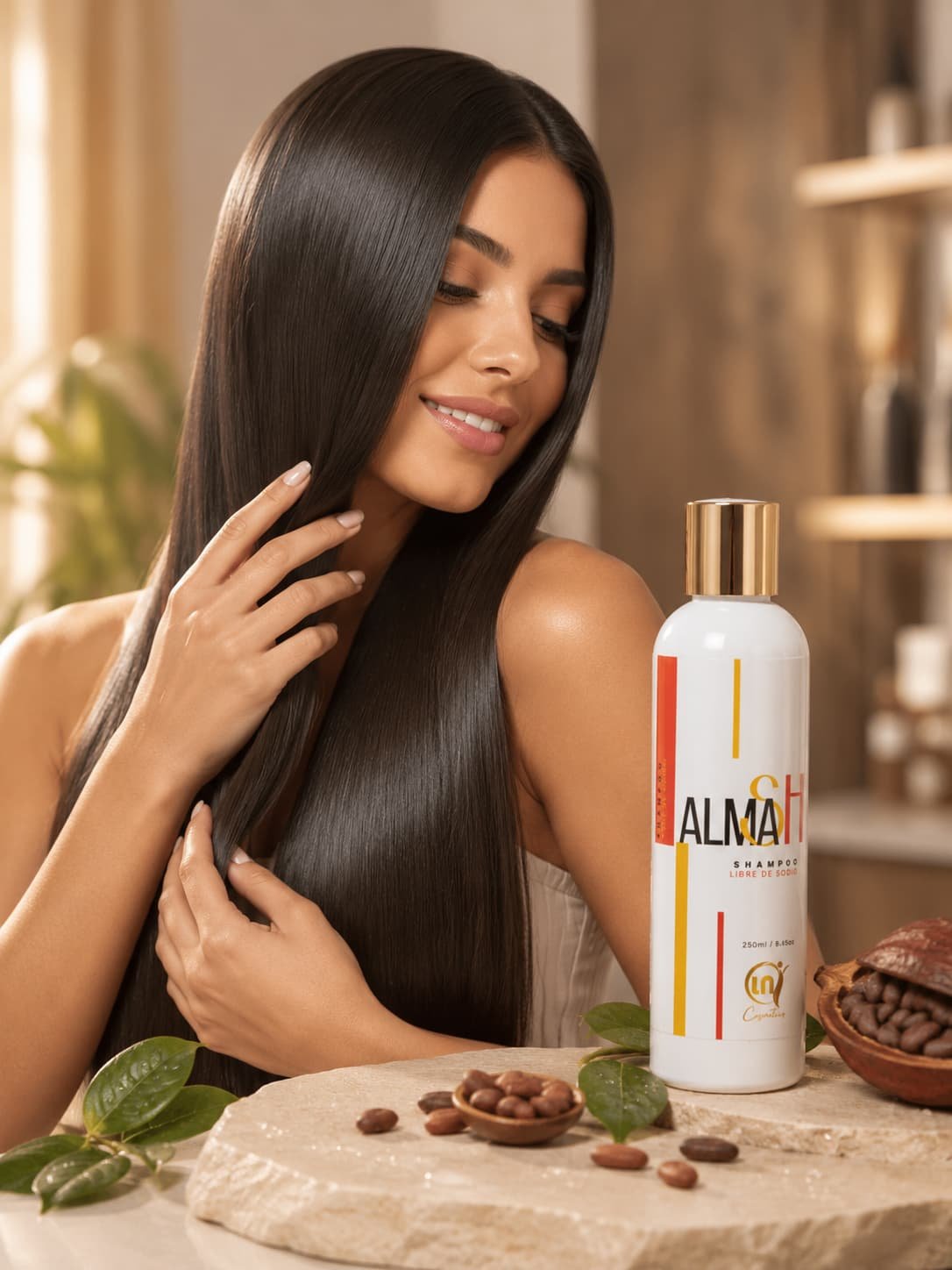 El Shampoo ALMASH Libre de Sodio ayuda a mantener la hidratación, el brillo y la suavidad del cabello mientras acompaña el cuidado diario de tratamientos de alisado con una delicada experiencia sensorial de cacao. Mujer con un cabello liso, brillante y sedoso junto al Shampoo ALMASH Libre de Sodio, recomendado para el mantenimiento de tratamientos de alisado y cuidado profesional del cabello.
