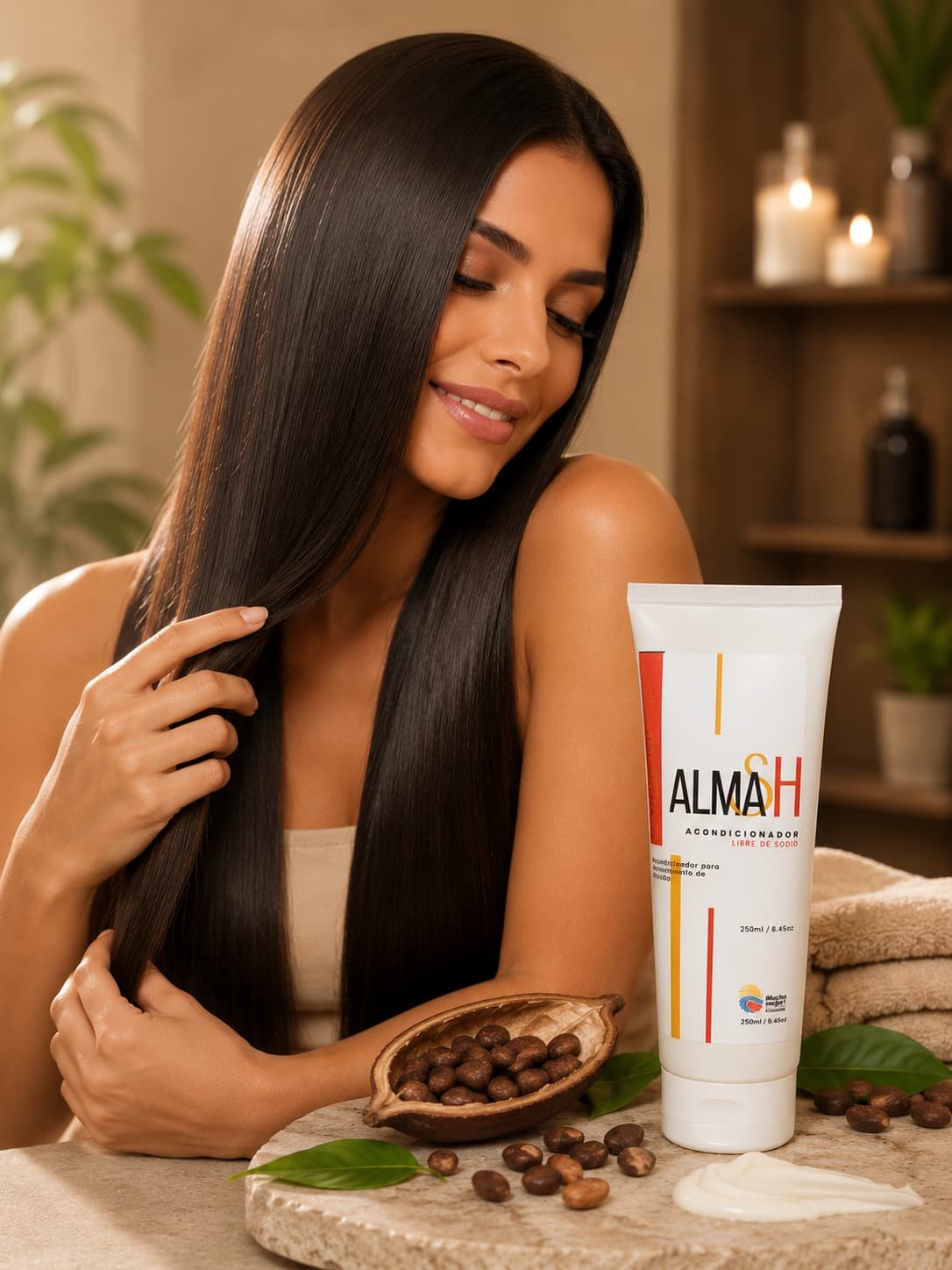El Shampoo ALMASH Libre de Sodio ayuda a mantener la hidratación, el brillo y la suavidad del cabello mientras acompaña el cuidado diario de tratamientos de alisado con una delicada experiencia sensorial de cacao. Mujer con un cabello liso, sedoso y brillante junto al Acondicionador ALMASH Libre de Sodio, diseñado para el mantenimiento de tratamientos de alisado y el cuidado profesional del cabello.
