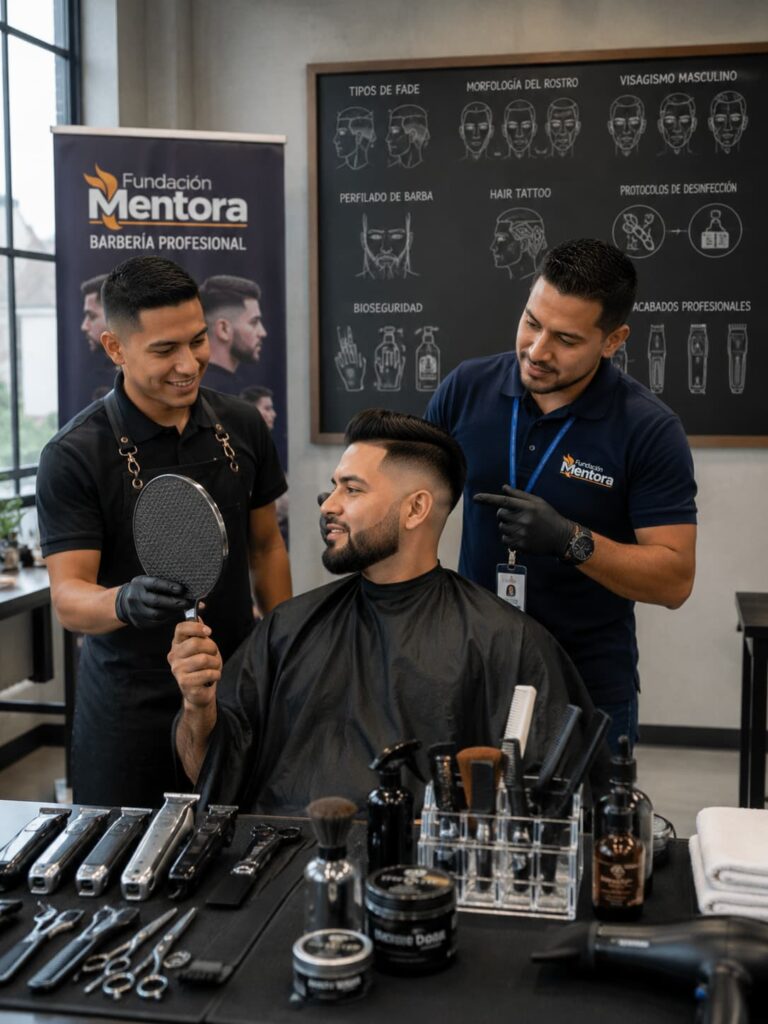 Imagen institucional del curso Diseño de Mirada de Fundación Mentora. Una estudiante realiza un procedimiento profesional de extensiones de pestañas sobre una modelo mientras recibe acompañamiento personalizado de una instructora. La fotografía representa la metodología de aprendizaje práctico, el desarrollo de habilidades técnicas y el compromiso institucional con una formación de calidad orientada al trabajo y al crecimiento profesional. Estudiante del programa Barbería Profesional presentando el resultado final de un corte fade y perfilado de barba bajo la supervisión de un instructor de Fundación Mentora durante una práctica académica especializada.