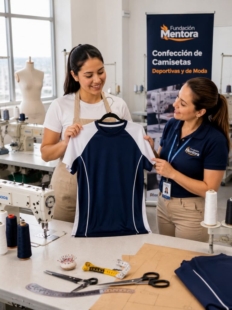 La práctica constante y el acompañamiento docente permiten que cada estudiante desarrolle competencias para confeccionar prendas con calidad profesional y visión emprendedora. Estudiante presenta una camiseta deportiva confeccionada durante el curso de Confección de Camisetas Deportivas y de Moda de Fundación Mentora mientras recibe la retroalimentación de su instructora en un aula profesional.