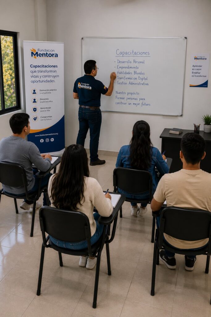 Instructor de Fundación Mentora impartiendo una clase en un aula organizada mientras acompaña el proceso de aprendizaje de un grupo de estudiantes en un ambiente educativo inclusivo y profesional.