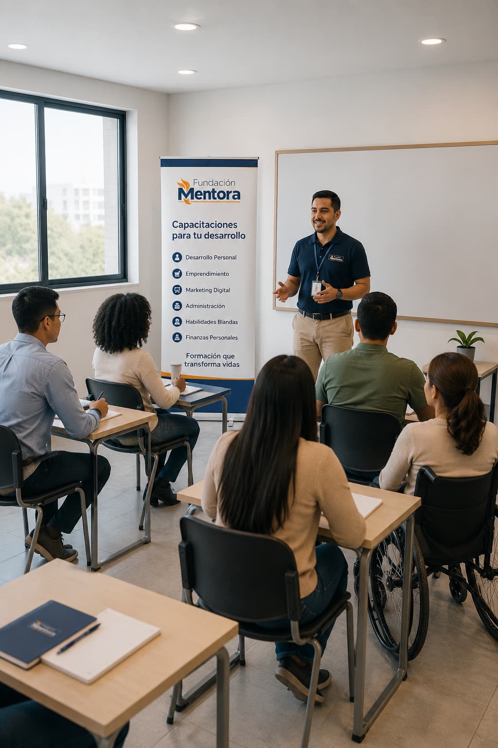 Instructor de Fundación Mentora impartiendo una capacitación a un grupo de estudiantes en un aula moderna, inclusiva y organizada, orientada al desarrollo profesional y la formación continua.