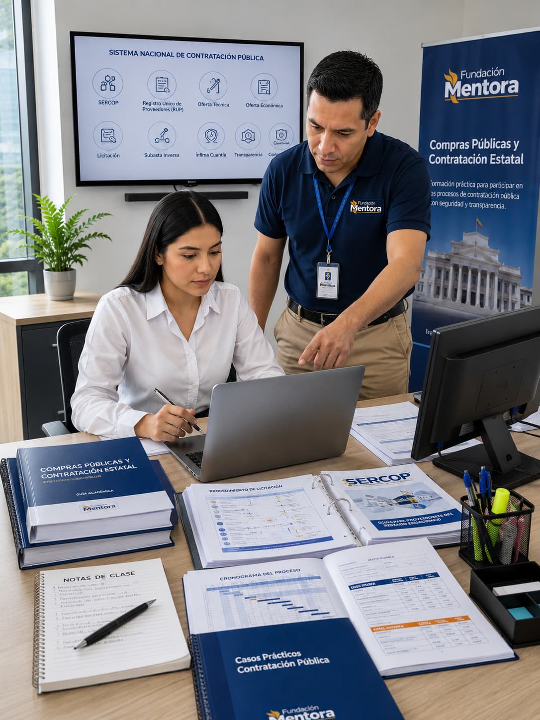 Aprendizaje práctico basado en el análisis de procedimientos, gestión documental y preparación técnica para procesos de contratación pública. Instructor de Fundación Mentora orienta a una estudiante durante una práctica académica del programa Compras Públicas y Contratación Estatal mediante el análisis de procedimientos y documentación técnica.