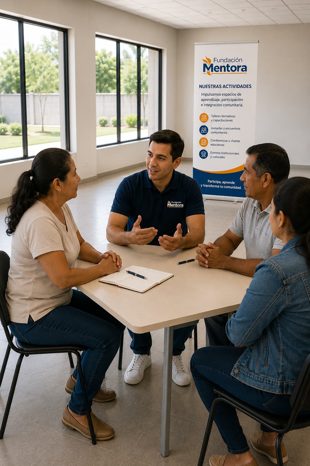 Facilitador de Fundación Mentora dialogando con ciudadanos durante una actividad comunitaria orientada al aprendizaje, la participación ciudadana y el desarrollo social.