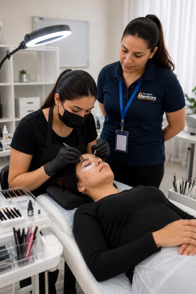 Estudiante de Fundación Mentora realizando una práctica de extensiones de pestañas bajo la supervisión de una instructora durante el curso de Diseño de Mirada.