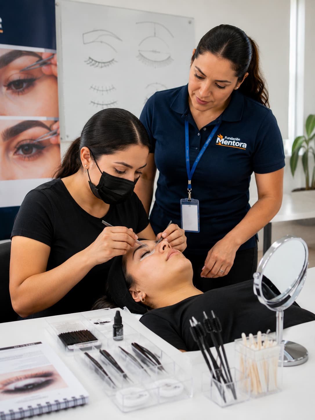 Instructora de Fundación Mentora supervisando a una estudiante durante una práctica del curso de Diseño de Mirada en un aula de formación profesional.