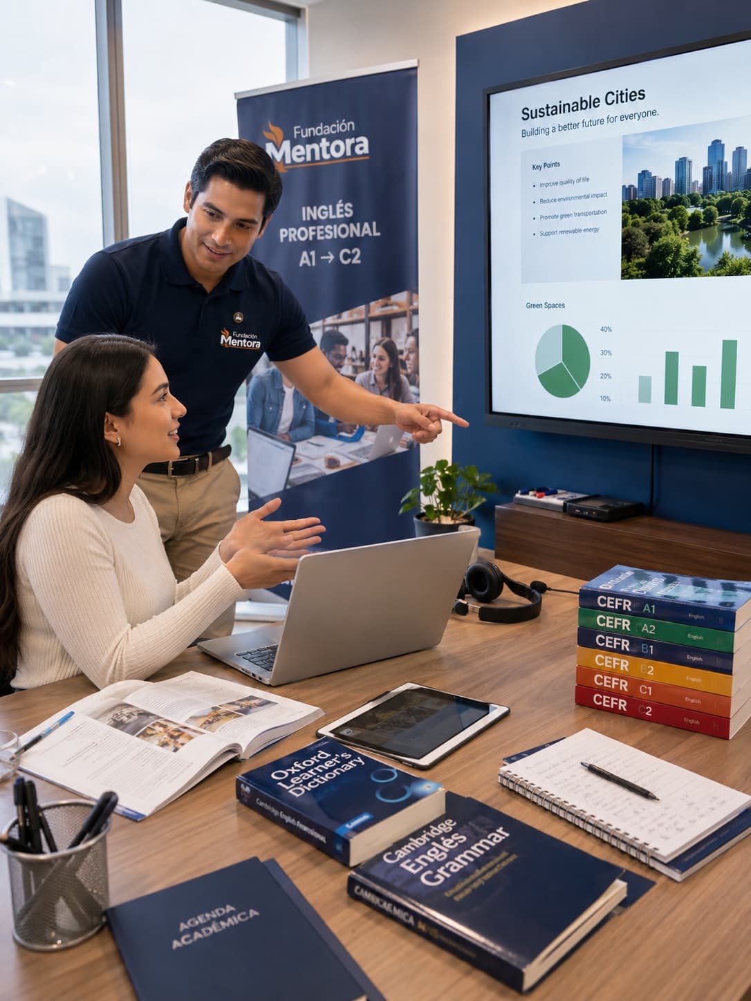 Cada sesión de aprendizaje fortalece la confianza, la comunicación y el dominio progresivo del idioma inglés mediante una formación práctica y personalizada. Instructor de Fundación Mentora orienta a una estudiante durante una práctica personalizada del programa Inglés Profesional A1 a C2 basada en el Marco Común Europeo de Referencia para las Lenguas.