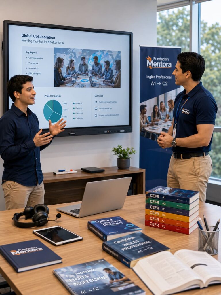 La práctica constante y la mentoría personalizada permiten desarrollar competencias reales de comunicación en inglés desde el nivel A1 hasta el nivel C2.. Estudiante del programa Inglés Profesional A1 a C2 de Fundación Mentora realiza una presentación en inglés mientras recibe retroalimentación personalizada de un instructor especializado.