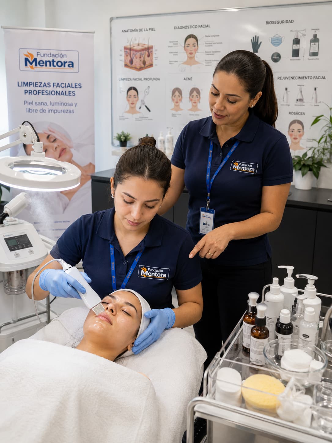 Estudiante del curso de Limpiezas Faciales Profesionales de Fundación Mentora realiza una limpieza facial profunda sobre una modelo bajo la supervisión de una instructora en un aula de estética moderna.
