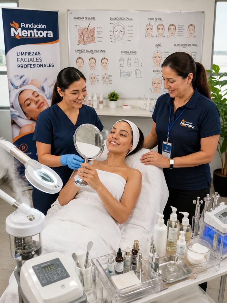 Estudiante del curso de Limpiezas Faciales Profesionales de Fundación Mentora presenta el resultado final de un tratamiento facial bajo la supervisión de una instructora especializada.