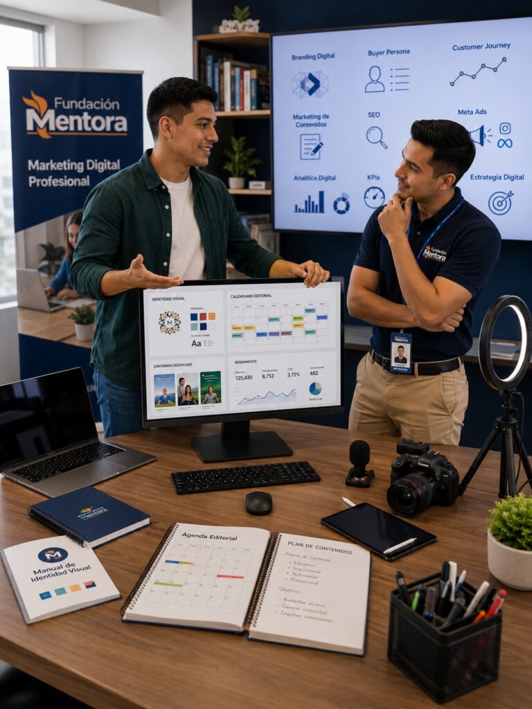 El aprendizaje estratégico se fortalece mediante el acompañamiento personalizado de los instructores de Fundación Mentora. Estudiante del programa Marketing Digital Profesional de Fundación Mentora presenta una estrategia digital mientras recibe retroalimentación personalizada de un instructor especializado.
