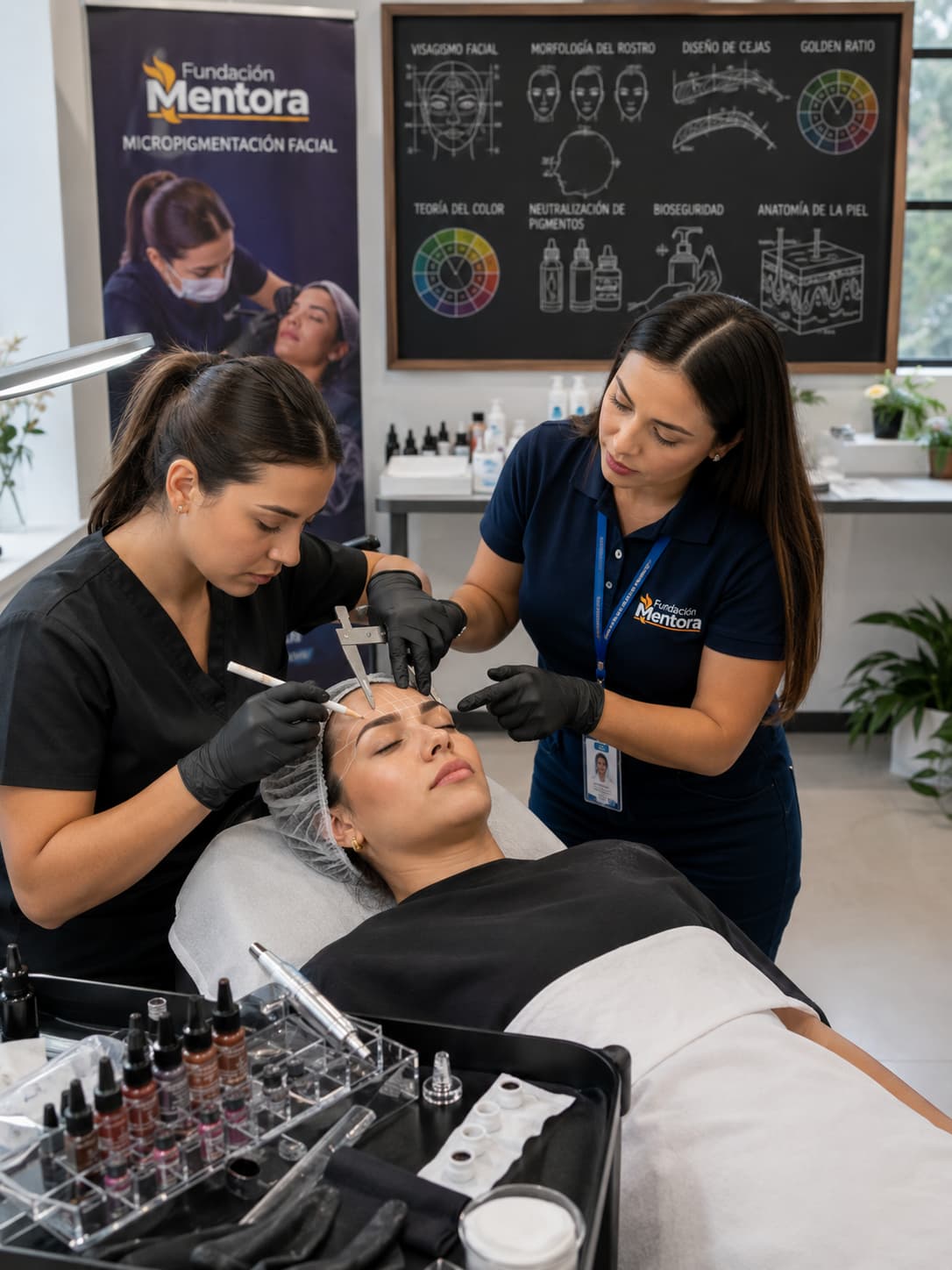 Imagen institucional del programa Micropigmentación Facial de Fundación Mentora. Una estudiante desarrolla el diseño y medición profesional de cejas mientras recibe acompañamiento personalizado de una instructora especializada durante una práctica académica supervisada. La escena refleja un entorno moderno de aprendizaje donde se fortalecen competencias en visagismo facial, morfología del rostro, teoría del color, bioseguridad, manejo del dermógrafo y protocolos técnicos propios de la micropigmentación profesional. La fotografía representa el compromiso de Fundación Mentora con una formación práctica, precisa y orientada a preparar especialistas capaces de ofrecer procedimientos estéticos seguros y de alta calidad.. Estudiante del curso Micropigmentación Facial realizando el diseño y medición profesional de cejas bajo la supervisión de una instructora de Fundación Mentora durante una práctica académica especializada.
