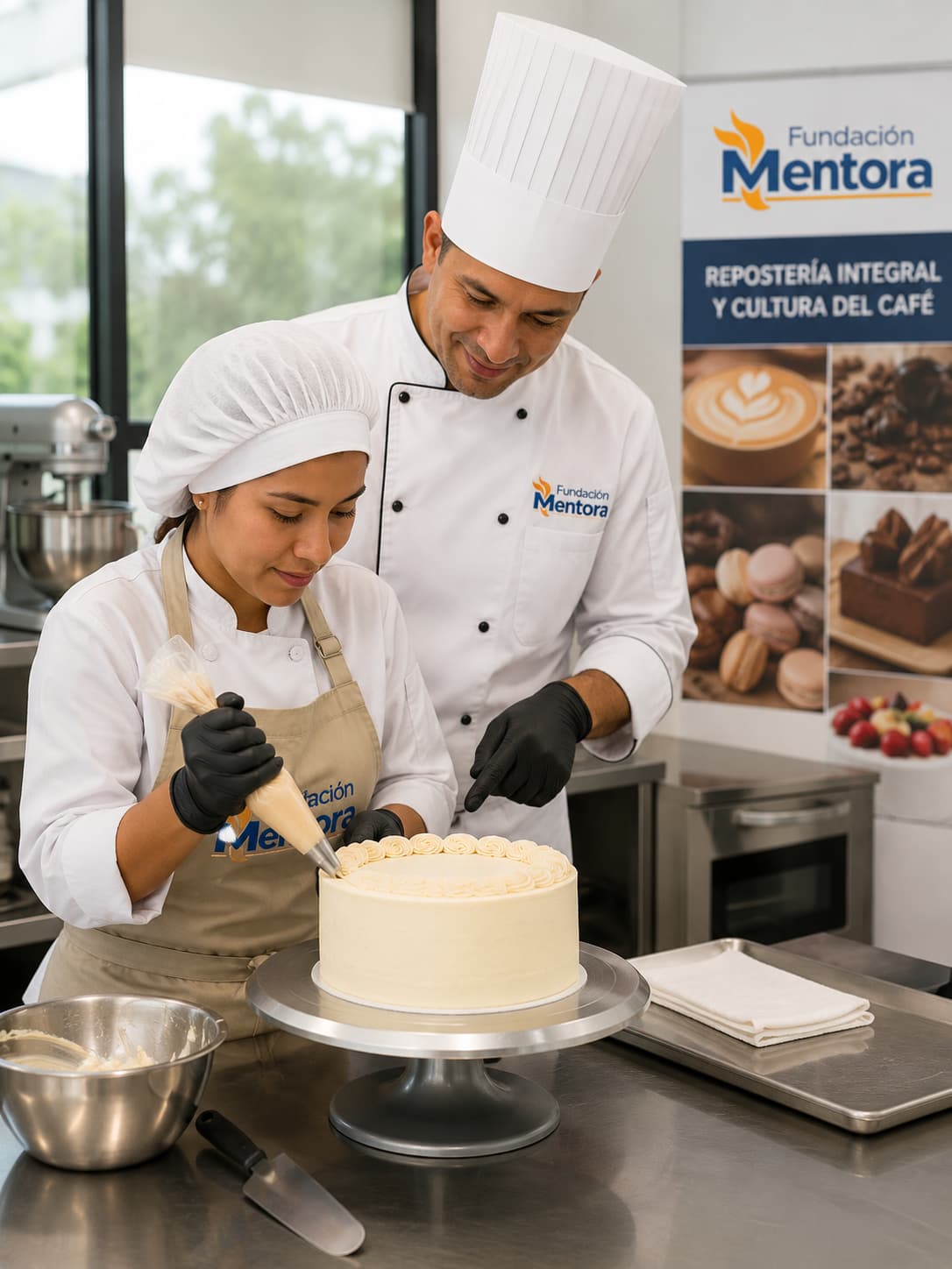 Instructor de Fundación Mentora guía a una estudiante durante una práctica de decoración de tortas en el curso de Repostería Integral y Cultura del Café, aplicando técnicas profesionales y normas de bioseguridad.