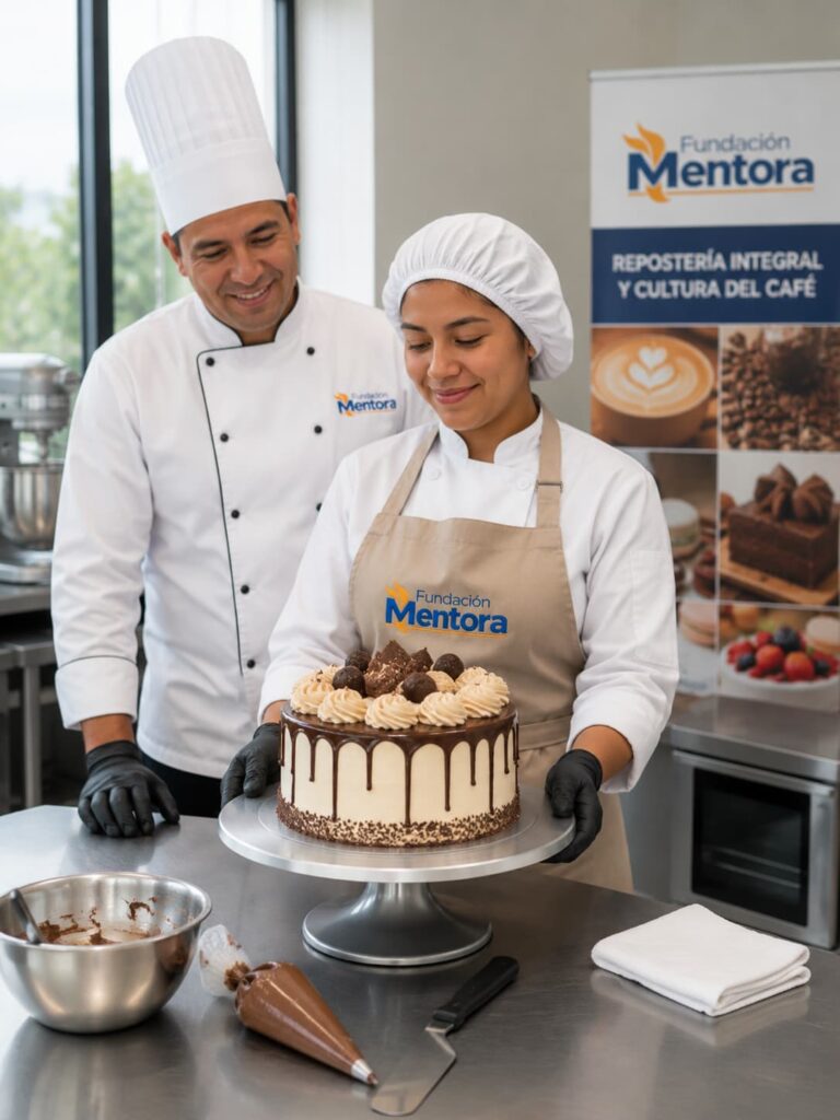 Estudiante del curso Repostería Integral y Cultura del Café de Fundación Mentora presenta una torta decorada durante una práctica profesional supervisada por su instructor.