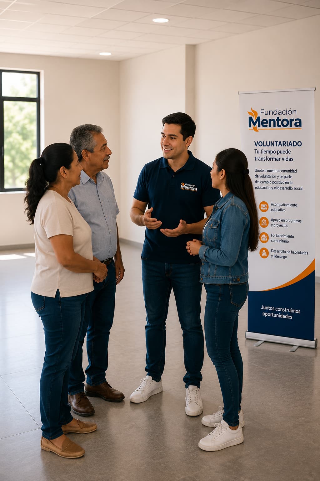 Voluntariado Comunitario | Fundación Mentora Voluntario de Fundación Mentora orientando a ciudadanos durante una reunión comunitaria para promover la participación ciudadana y el trabajo colaborativo.