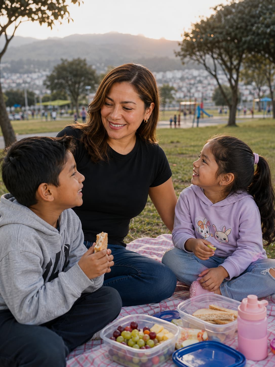 Isabel comparte una tarde con sus hijos en un parque después de transformar su vida.