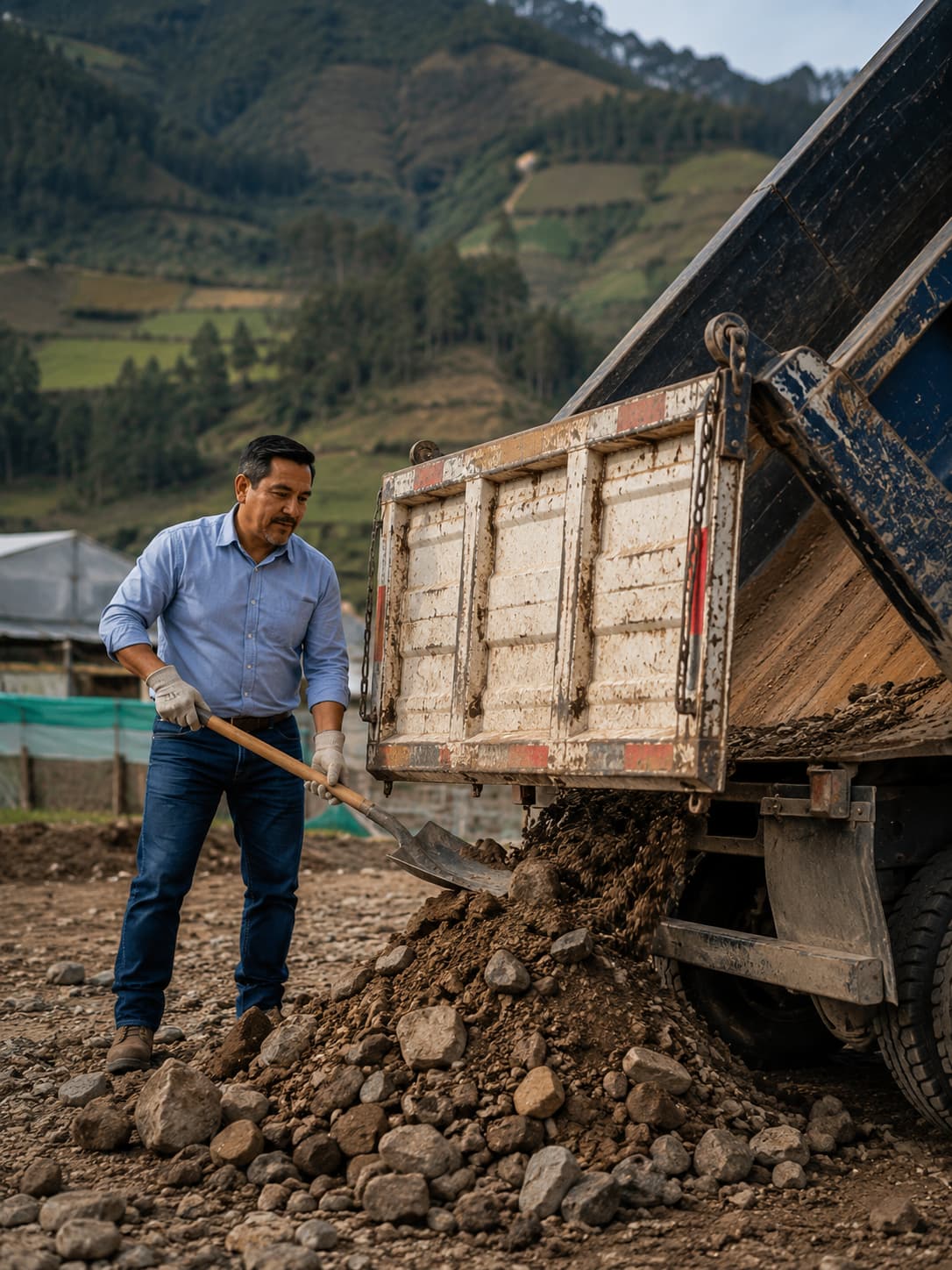 Luis Armijos trabaja con su antigua volqueta durante una jornada laboral en la zona rural de Pelileo.