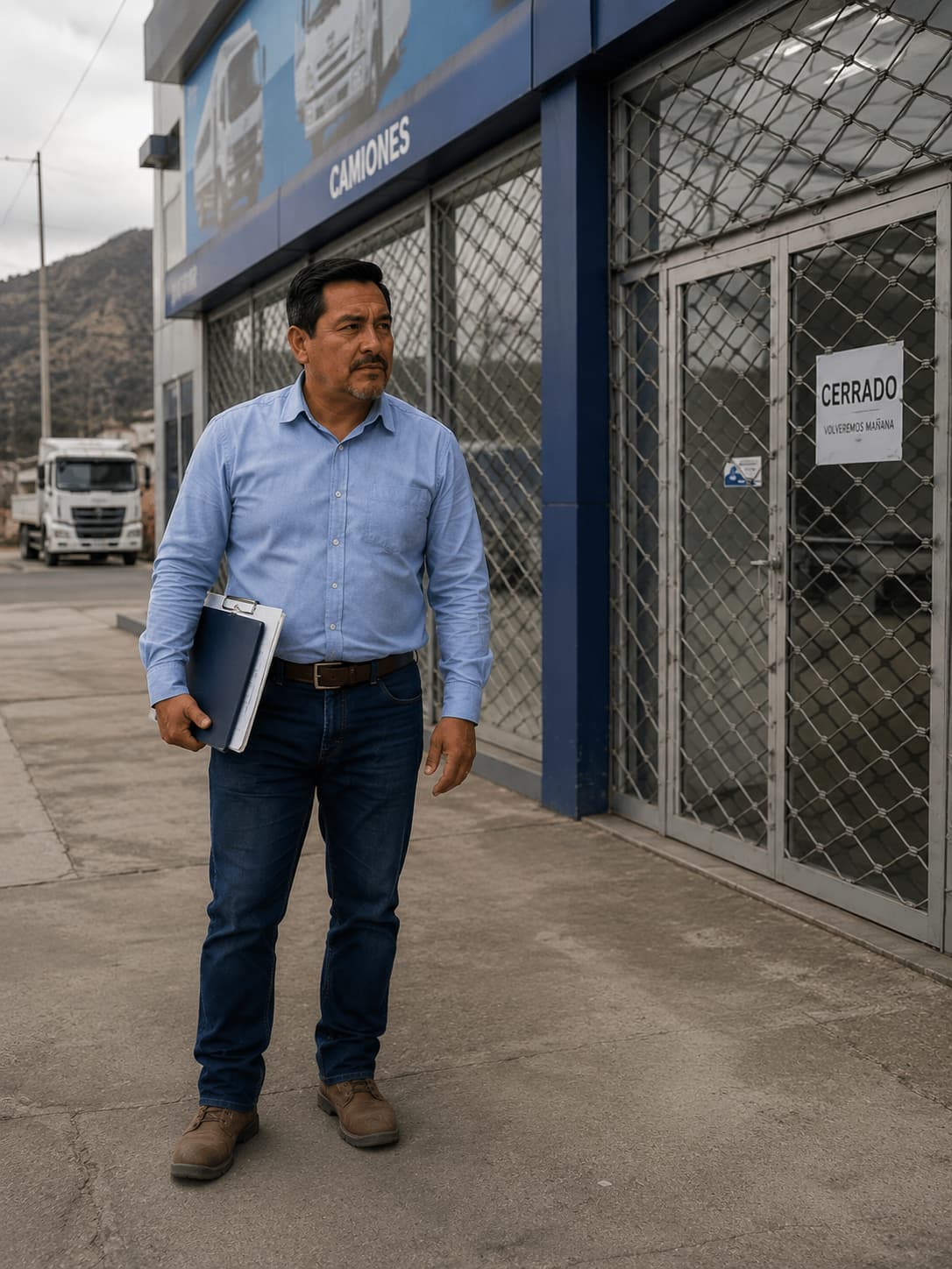 Luis Armijos espera una respuesta frente a una concesionaria de camiones durante el conflicto que puso en riesgo su patrimonio.