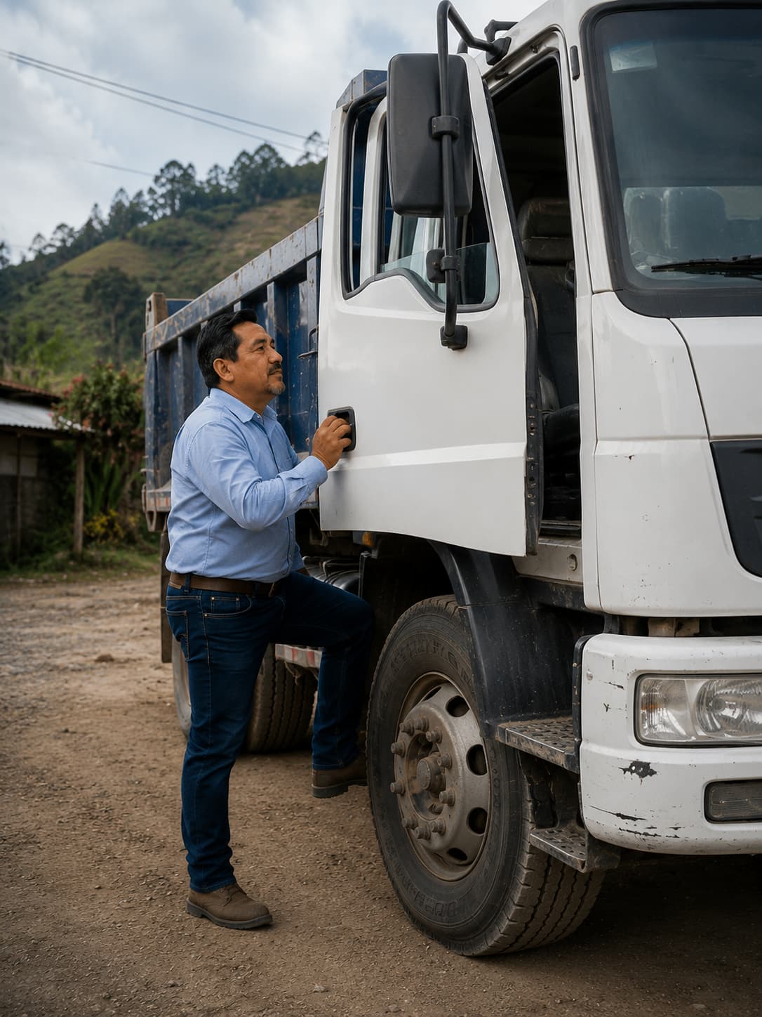 Luis Armijos inspecciona el camión recuperado antes de regresar a su jornada laboral.