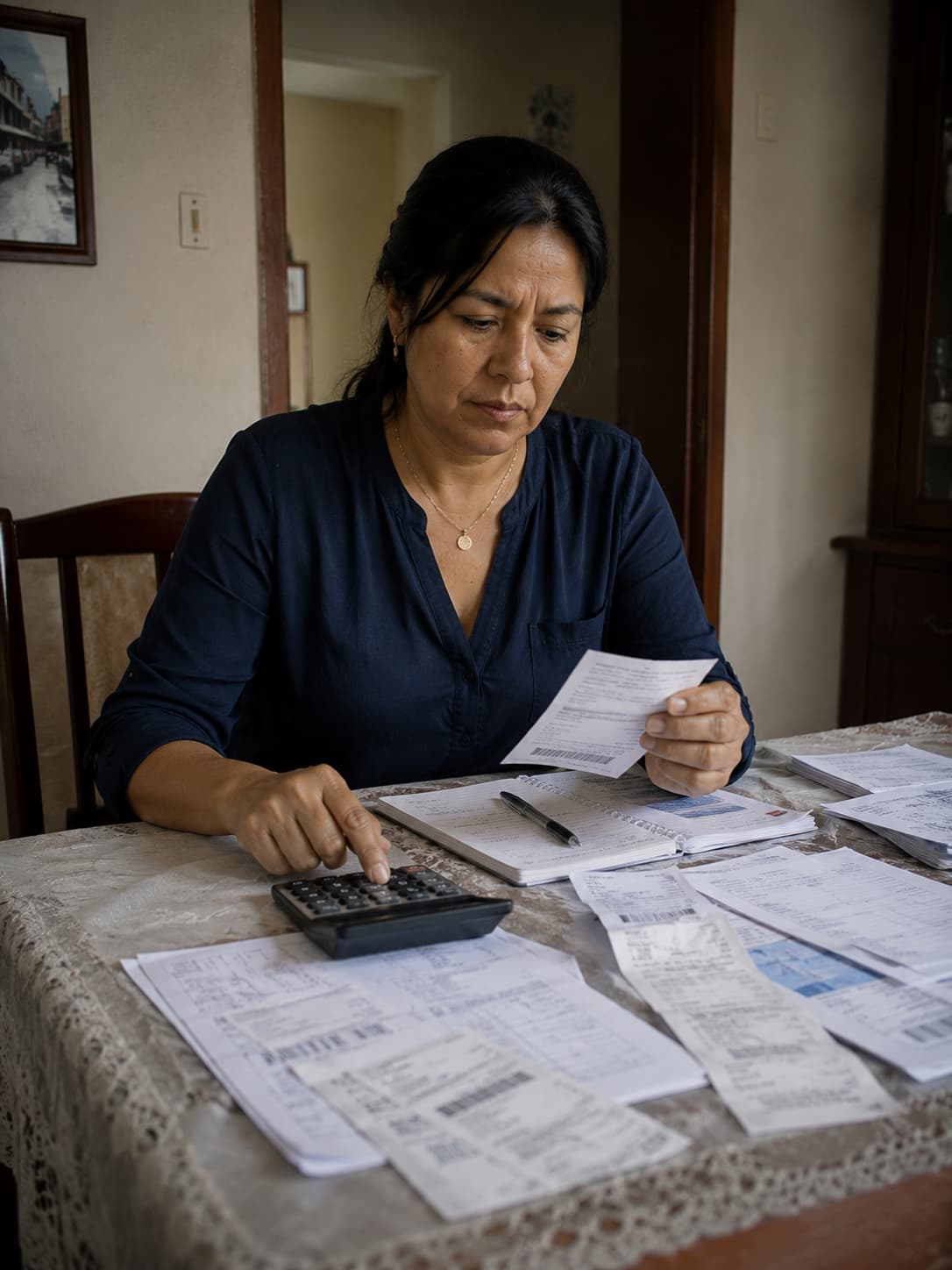 María Isabel Castro revisa documentos y comprobantes de pago relacionados con el proceso de coactiva que afectó su estabilidad económica.