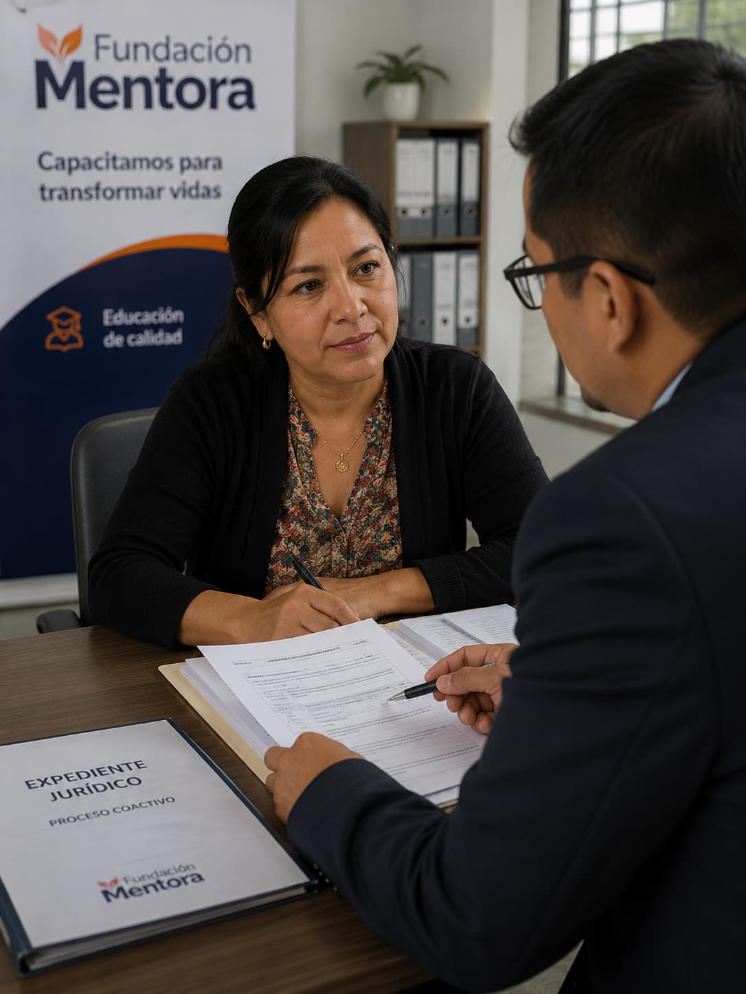 María Isabel Castro recibe orientación jurídica durante una reunión con un asesor de Fundación Mentora.