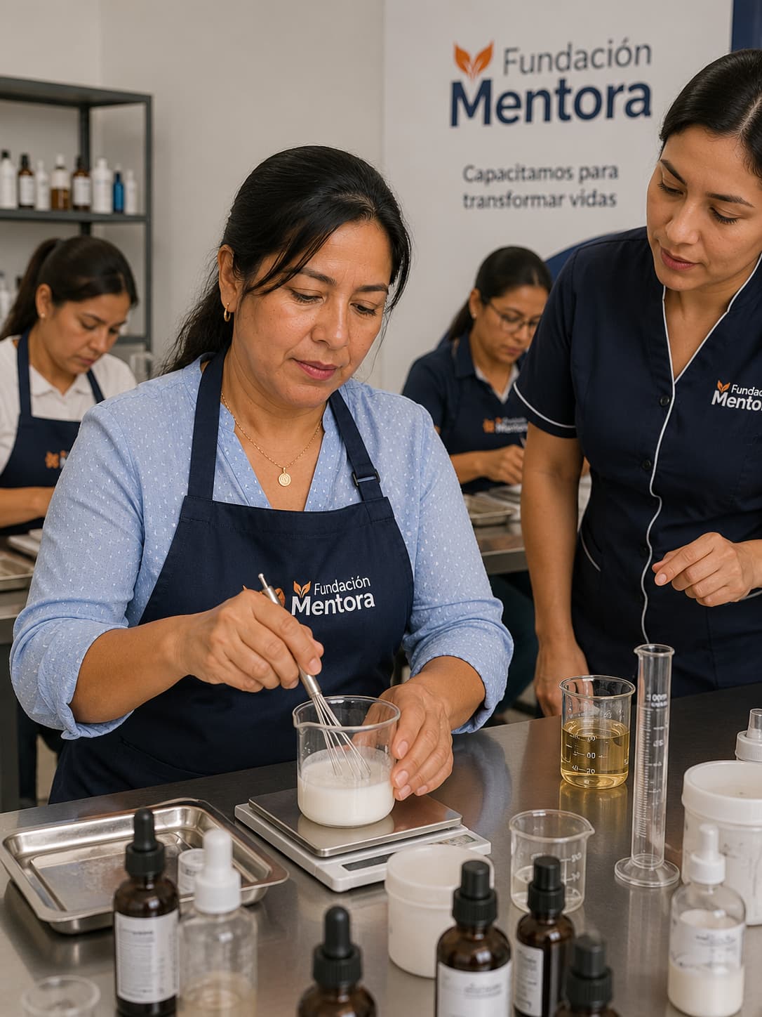 María Isabel Castro participa en una práctica del programa de Cosmética Artesanal y Formulación Profesional de Fundación Mentora.