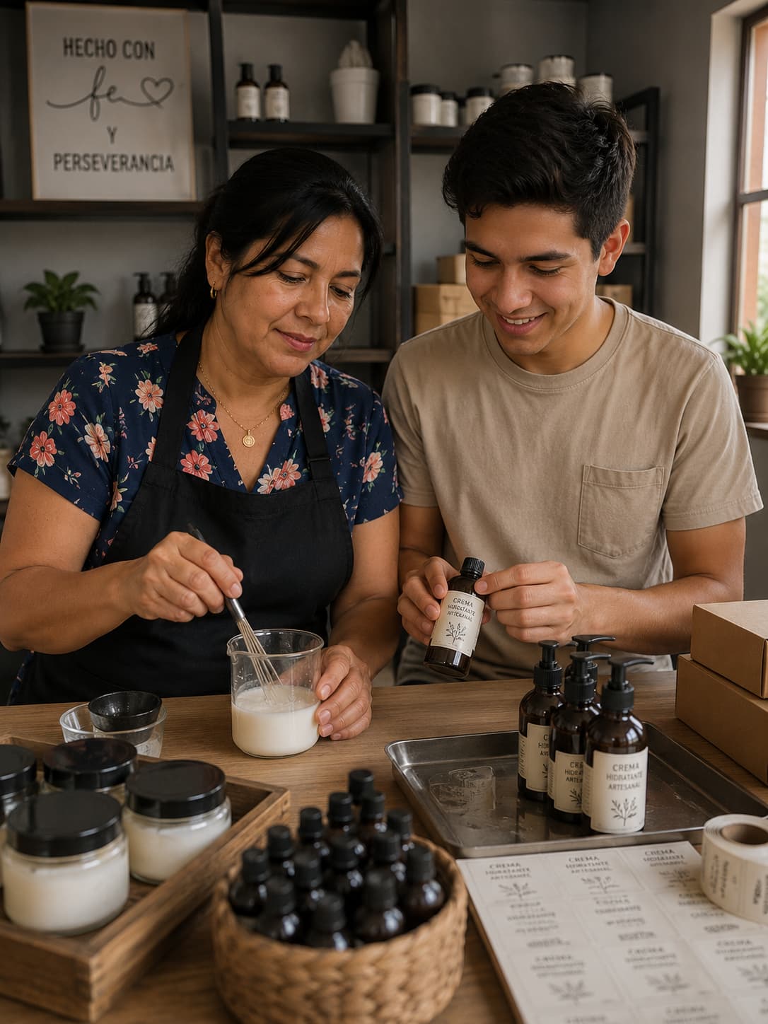 María Isabel Castro y su hijo elaboran productos cosméticos artesanales en su emprendimiento familiar en Loja.