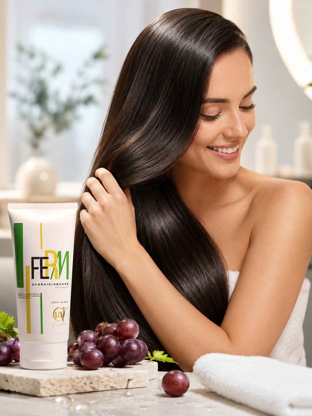 Mujer con un cabello largo, brillante y sedoso junto al Acondicionador FERM pH Neutro, mostrando el resultado de una hidratación profunda y un cabello fácil de peinar.