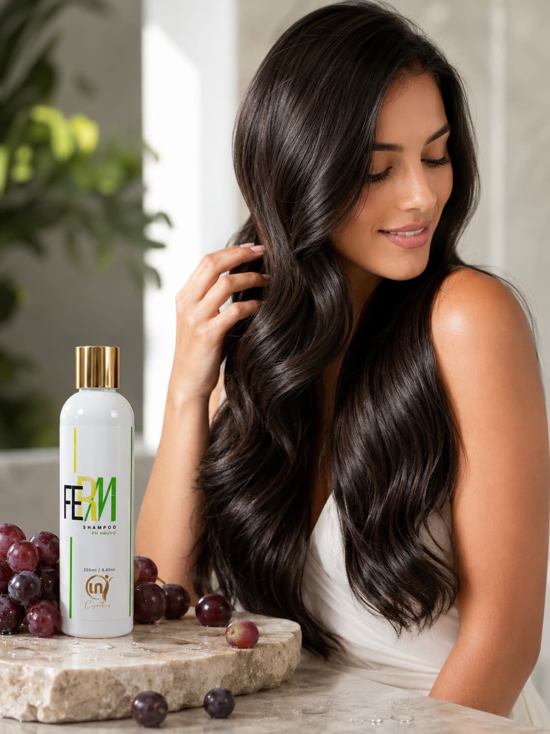 Mujer con un cabello brillante, hidratado y sedoso junto al Shampoo FERM pH Neutro de Fundación Mentora, reflejando los resultados de una rutina de cuidado capilar suave y nutritiva.