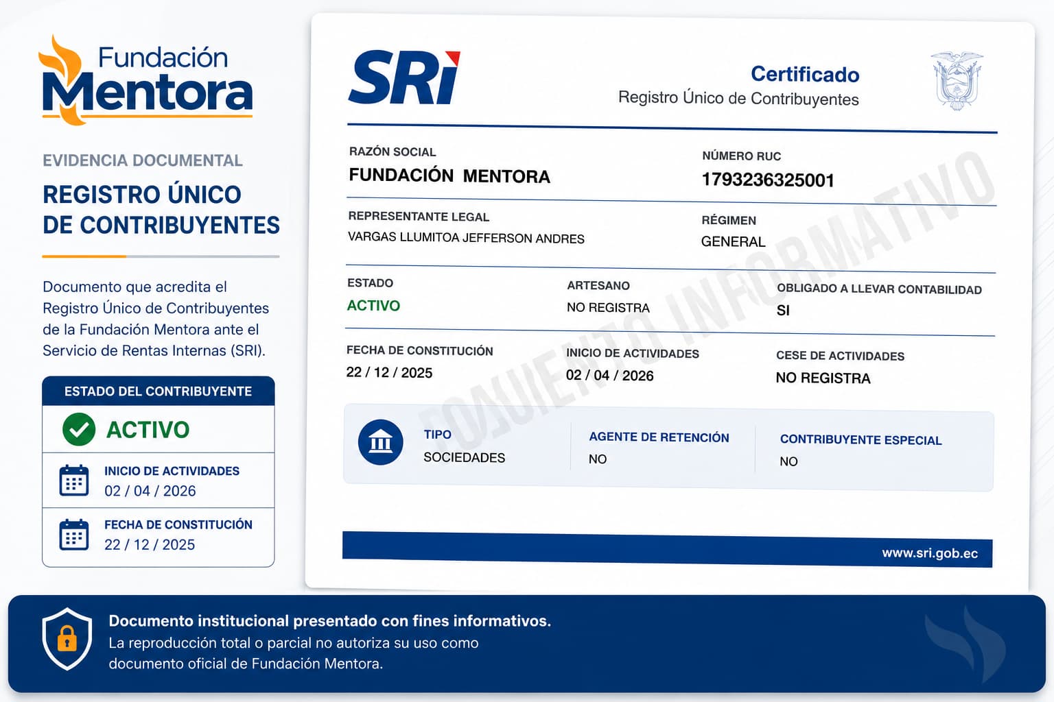 RUC Activo Documento institucional de Fundación Mentora presentado con fines informativos como evidencia de constitución, registro y cumplimiento de la normativa vigente en el Ecuador.