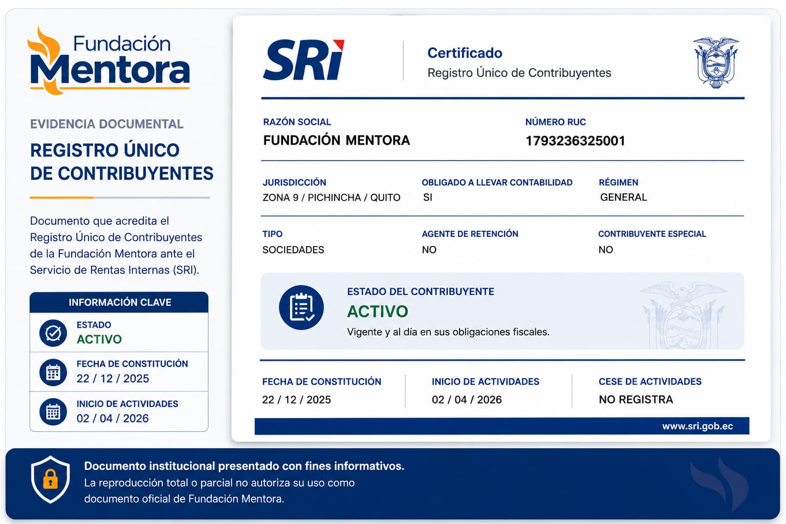RUC Activo Documento institucional de Fundación Mentora presentado con fines informativos como evidencia de constitución, registro y cumplimiento de la normativa vigente en el Ecuador.