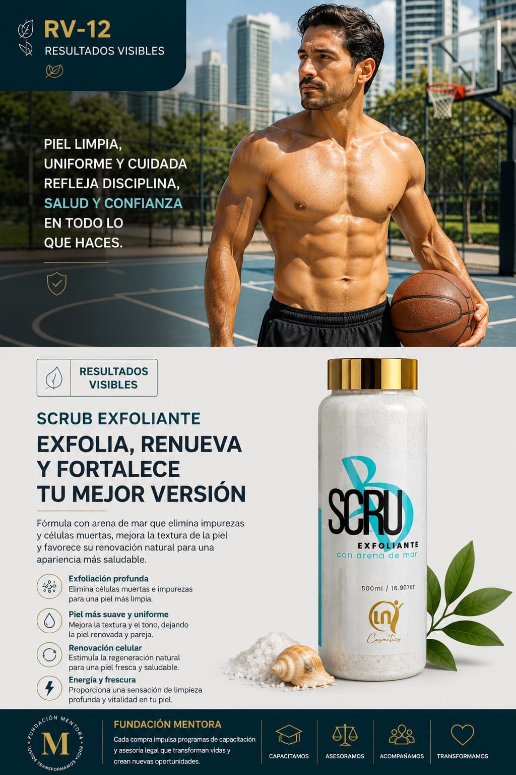 Hombre latinoamericano con piel uniforme y saludable después del uso del SCRUB Exfoliante con arena de mar.